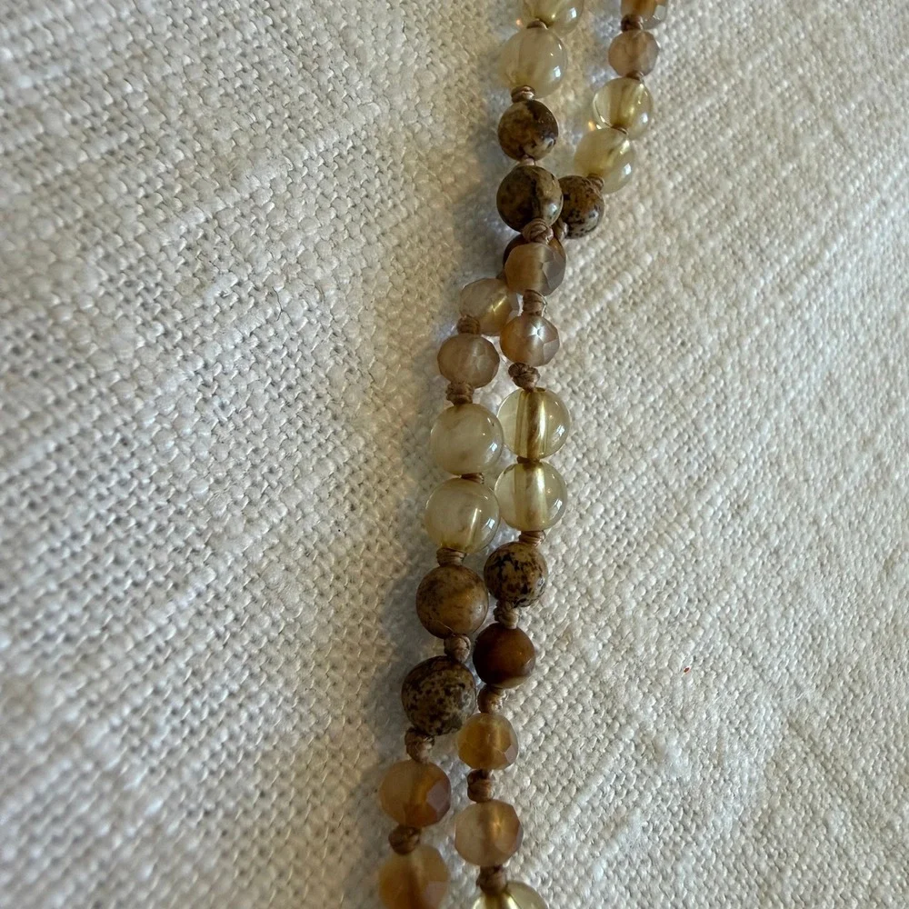 Jasper and Agate Hand‎ Knotted Long Beaded Strand Necklace Earth Tones 52 Inch
